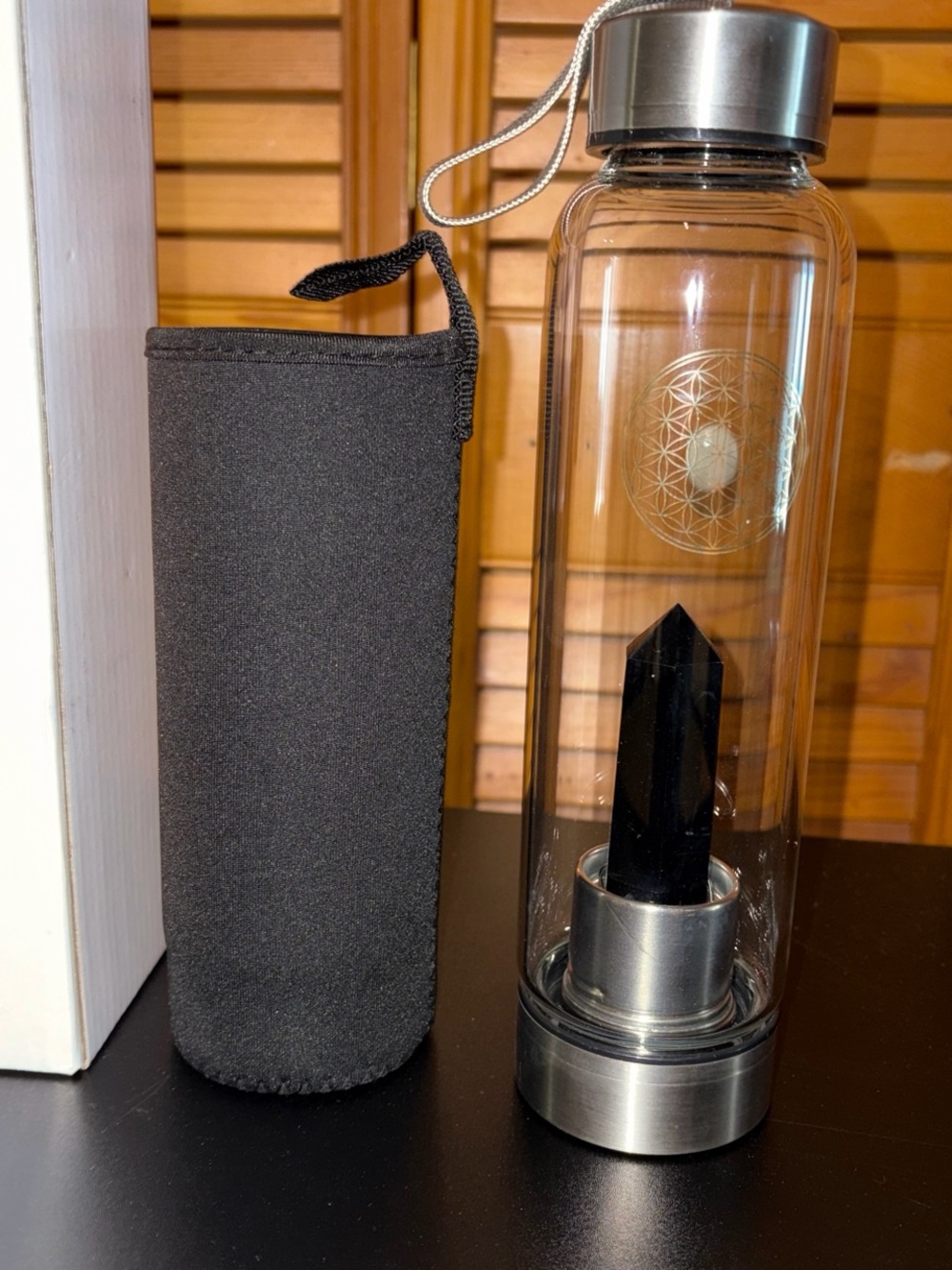 NIB Black Obsidian Crystal Glass Water Bottle with Sleeve